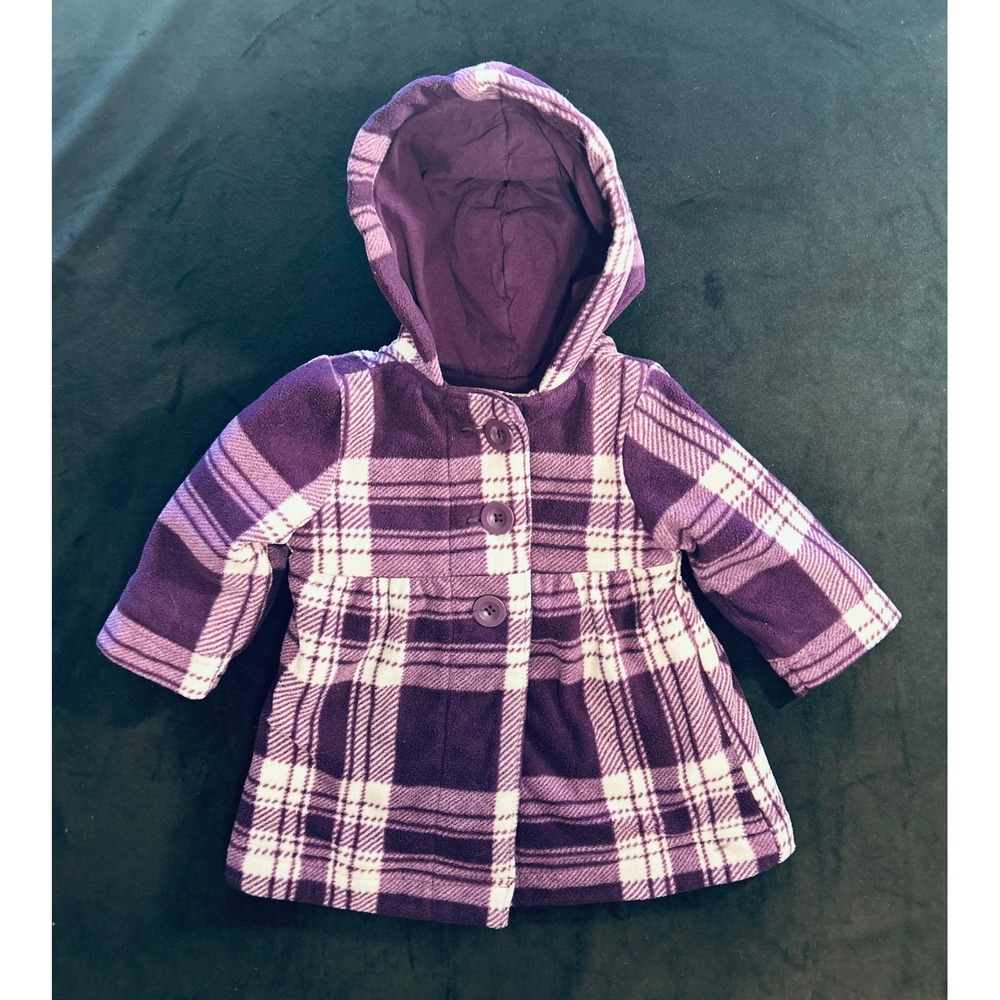 Old Navy Baby Girl Purple Plaid Hooded Button Up Pea Coat Jacket 6-12 Months